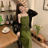 KYLETHOMASW  -  Spring 2PCS Sexy Spaghetti Strap Dress + Cardigan Suit for Women Korean Slim Fit Temperament Elegant Vacation Long Dress