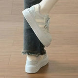 KYLETHOMASW  -  Ladies White Platform Skate Shoes Star Embroidery Thick Bottom Bread Sneakers Silver Tail Lace Up Heighten Casual Walking Shoes