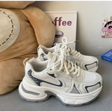 KYLETHOMASW  -  White Cream Chunky Dad Sneakers Women Navy Blue Accent Mesh Platform Walking Shoes Casual Comfy Daily Y2K Korean Sporty Style