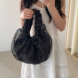 KYLETHOMASW  -  Korean Polka Dot Pleated Dumpling Bag Chic Retro Lace Drawstring Crossbody Shoulder Tote For Women Gentle Casual Commute Travel