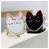 KIylethomasw Cat Casual Crossbody Bags Women Pearl Chain Pu Leather Handle Messenger Bag Female Fashion Harajuku Cute Y2k Bags Purse