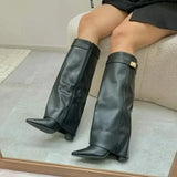 KYLETHOMASW  -  New Autumn and Winter New Pointed Metal Buckle Knee High Women's Boots, Thick High-heeled Pants Boots, Fashionable Mid Leg Boots