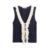 KYLETHOMASW  -  Women Contrasting Ruffle Knit Tank Tops Sexy V Neck Front Tie Holiday Casual Summer Crop Top