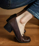 KYLETHOMASW  -  Retro Square toe folding Bowknot Soft Leather Women Pumps Ballet Style Thick High heels Casual Chunky Loafer Shoes