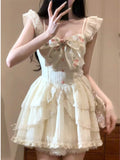 KYLETHOMASW  -  Sweet Kawaii Vintage Y2k Mini Fluffy Cake Dress Women Casual Lolita Lace Floral Bow Short Sleeve Dress Summer Evening Party Chic