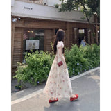 KYLETHOMASW  -  Women's Floral Print Chiffon Maxi Dress Puff Sleeve Square Neck Ruffle Trim Tie Front Long Dress for Summer