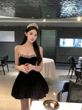 KYLETHOMASW  -  Heavyweight Velvet Mini Dress Women Sparkling Star Diamond One Shoulder High Waist Puffy Silken Gown Street Style Trendy Fashion