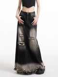 Kylethomasw Ripped Jeans Long Skirts for Women Y2k Vintage Loose Do Old Wide Leg A-line Denim Skirt Harajuku Causal Summer Bottoms