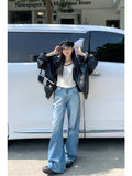 Kylethomasw  Woman Streetwear Jeans Preppy Style Denim Korean Pants Trousers Pockets Sweatpants Zipper Cargo Pants Wide Leg Bell Bottoms