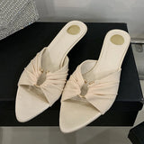 KYLETHOMASW  -  Sexy Pleated Silk Hollow Out Metal Buckle Women Slippers Sandal Summer Pointed Toe Low Thin Heels Beach Party Female Shoes