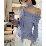 Kylethomasw Vintage Pleated Star Buttons Sexy Long-sleeved T-shirt Women Autumn New Off-shoulder Contrast Color Striped Casual Tops