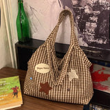 KYLETHOMASW  -  Women Cute Plaid Canvas Tote Bag Star Patch Shoulder Handbag Large Capacity Casual Student Shopping Bag Side Drawstring Design