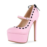 KYLETHOMASW  -  Pink Leather Mary‑Jane Platform Stiletto Pumps Black Contrast Stitching Back Bow Decor Round Toe Adjustable Buckle Shoes