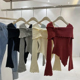 KYLETHOMASW  -  Sweet Hot Girl Three-dimensional Flower Knitted Sweater for Women's Autumn Off Shoulder Slim Fit Base Sweater Female Clothes