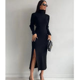 kylethomasw Sexy Slim Fit Solid Split Knit Dress Woman Fashion Winter Long Sleeve Sweater Dress Women Elegant Office-lady Dress Robes