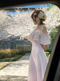 KYLETHOMASW  -  Summer Sweet Lace Lolita Waist Slimming A-line Long Dress for Women Off Shoulder Ruffle Short Sleeve Pink Elegant Dress