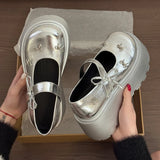 KYLETHOMASW  -  Women's Bow Mary Jane Platform Shoes Round Toe Casual Non Slip 7cm Height Increasing Comfortable Chunky Sole Ballet Flats Shoes