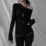 KYLETHOMASW  -  Splicing diagonal collar long sleeved T-shirt with asymmetrical slit design, slimming top for spicy girls