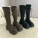 KYLETHOMASW  -  Flats Platform High Boots Women's Designer Shoes for Woman Winter Knee High Boots Lace Up Trend Goth Fashion Boots Femme