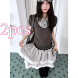 KYLETHOMASW  -  American Retro Daily Mixed Wear College Style Short Sleeved Top Casual Waist Cinched Pleated Half Skirts Autumn Y2k Vintage 2pcs