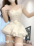 KYLETHOMASW  -  Sexy Set Women's Summer Puff Sleeve Square Collar Slim Top High Waist A-line Short Skirt Two-piece Set Female Clothes