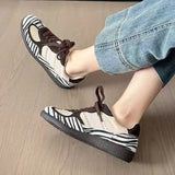 KYLETHOMASW  -  Autumn New Zebra Stripes Flats Sports Shoes Women Leather Patchwork Breathable Sneakers Casual Lace Up Comfort Running Shoe