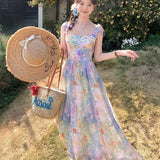 KYLETHOMASW  -  Women's Summer Long Princess Dress Butterfly Strap High Waist Oil Painting Floral Fairycore A-line Midi Sundress Female