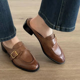 KYLETHOMASW  -  British Buckle Strap Mules Shoes Ladies Med-High Heels Slippers Slip On Derby Sliders Femmes Pantuflas PU Leather Loafers Woman