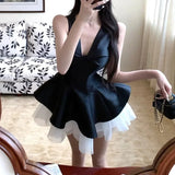 KYLETHOMASW  -  Elegant French Sleeveless Dress Women's Summer V-neck Halter Skirt Puffy A- line Mini Skirt Polyester Fiber Empire Waist