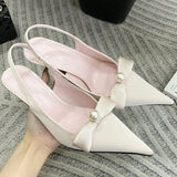 KYLETHOMASW  -  High Quality Satin Bow Pumps Women Sexy Pointed Toe Thin Heeled Backless Dress Shoes Fashion Brand Designer Shallow Mouth Sandal
