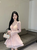 KYLETHOMASW  -  Woman Dress Sweet Sexy Flowers Long Sleeve Elegant Slim Mesh Patchwork Ruched Ruffles Party Mini Dresses Ladies