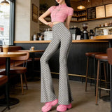 KYLETHOMASW  -  Y2K Pink Heart Print High Waist Flare Pants | Kawaii All-Over Love Bell Bottom Trousers | Barbiecore Aesthetic Summer Streetwear