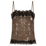 KYLETHOMASW  -  Women's Lace Trim Sequin Tank Top Spaghetti Straps Sparkly Cami Top Scallop Hem Rave Outfits  ﻿