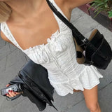 KYLETHOMASW  -  Sexy White Emboridery Flower Bow Ruched Chest Elastic Strap Mini Tank Dress Low Waist Spliced Folded Swing Women Sleeveless Robe