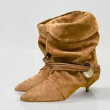 KYLETHOMASW  -  Metal Embellished Nubuck Ankle Boots Women Elegant Kitten-heel Modern Boots Warm Sexy Pointed Toe Western Cowboy Boots Brown
