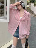 KYLETHOMASW  -  Pink Shirts Stripes All Match Streetwear Women Spring Lazy Style Chic Loose Fashion New Office Lady Casual