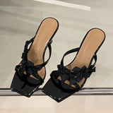 KYLETHOMASW  -  Designer Yellow Silk Flowers Narrow Band Square Toe Mules Low Thin Heels Slippers Women Gladiator Sandals Summer Shoes