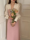 KYLETHOMASW  -  Korean Chic French Fake Two Piece Contrast Color Long Sleeve Slim Waist Lace-up Dresses