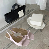 KYLETHOMASW  -  Women White Bowknot Slingback Sandals Summer Square Open Toe Low Heel PU Leather Elegant Casual Office Ladies Shoes
