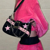 Kylethomasw Denim Bag Cool Dark Pink Star Metal Chain Fashion Harajuku Style Women's Bag Underarm Bag Tote Bag Purses Handbags Baguett
