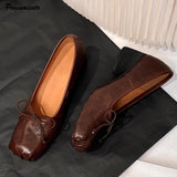 KYLETHOMASW  -  Retro Square toe folding Bowknot Soft Leather Women Pumps Ballet Style Thick High heels Casual Chunky Loafer Shoes