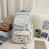 KYLETHOMASW  -  Contrast Color Plaid Kawaii Embroidery Schoolbags High-capacity Sweet Students Ins Backpacks Japanese Women Transparent Ita Bags