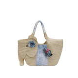 KYLETHOMASW  -  Cute Elephant Shape Straw Tote Bag Hand Woven Beach Bag With Blue Floral Decor Mini Elephant Pendant Handheld Shoulder Bag