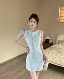 KYLETHOMASW  -  Elegant Skirt Set Women's Summer Bow Tweed Vest High Waist Mini Skirt Two-piece Set Fashion Female Clothes