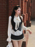 KYLETHOMASW  -  French Elegant Sweet Preppy Style 3 Pieces Set Women Retro Vest + Blouse + Skirts Harajuku Vintage Design Korean Popular Clothes