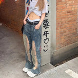 Kylethomasw High Street Hollow Mesh Patchwork Casual Jeans Women Summer New High Waist Distressed Washed Denim Wide Leg Pants