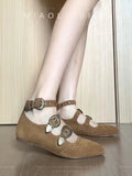 KYLETHOMASW  -  Retro Mary Jane Shoes British Style Pointed Toe Rivet Buckle Women's Summer Sandals Flat Bottom Beanie Shoes Girl Footwear