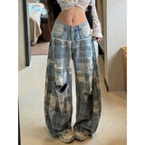 KYLETHOMASW  -  American Street Retro New Low Waist Jeans Women Plaid Splicing Ripped Wide Leg Jeans Hot Girl Y2k Streetwear Daily Casual Outfit