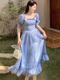 KYLETHOMASW  -  French Blue Fairy Evening Dresses for Women Elegant Square Collar Birthday Party Midi Dress Summer A-Line Casual Vestidos Robe