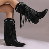 KYLETHOMASW  -  Women Fringe Western Boots Pink Sweet Embroidered Boots Brown Tassels Block Medium Heels Shoes Plus Size 48 Lady Winter
